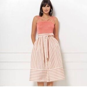 NWT EVA MENDES BEIGE MULTI RED STRIPE TIE WAIST SEMI BUTTON FLARE SKIRT